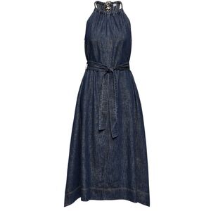 NWT Brunello Cucinelli Monili Trim Metallic Denim Belted Midi Dress S